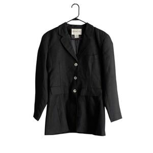 Vintage Linen Blend Blazer Womens Sz 4 Black Office Capsule Three Button Classic
